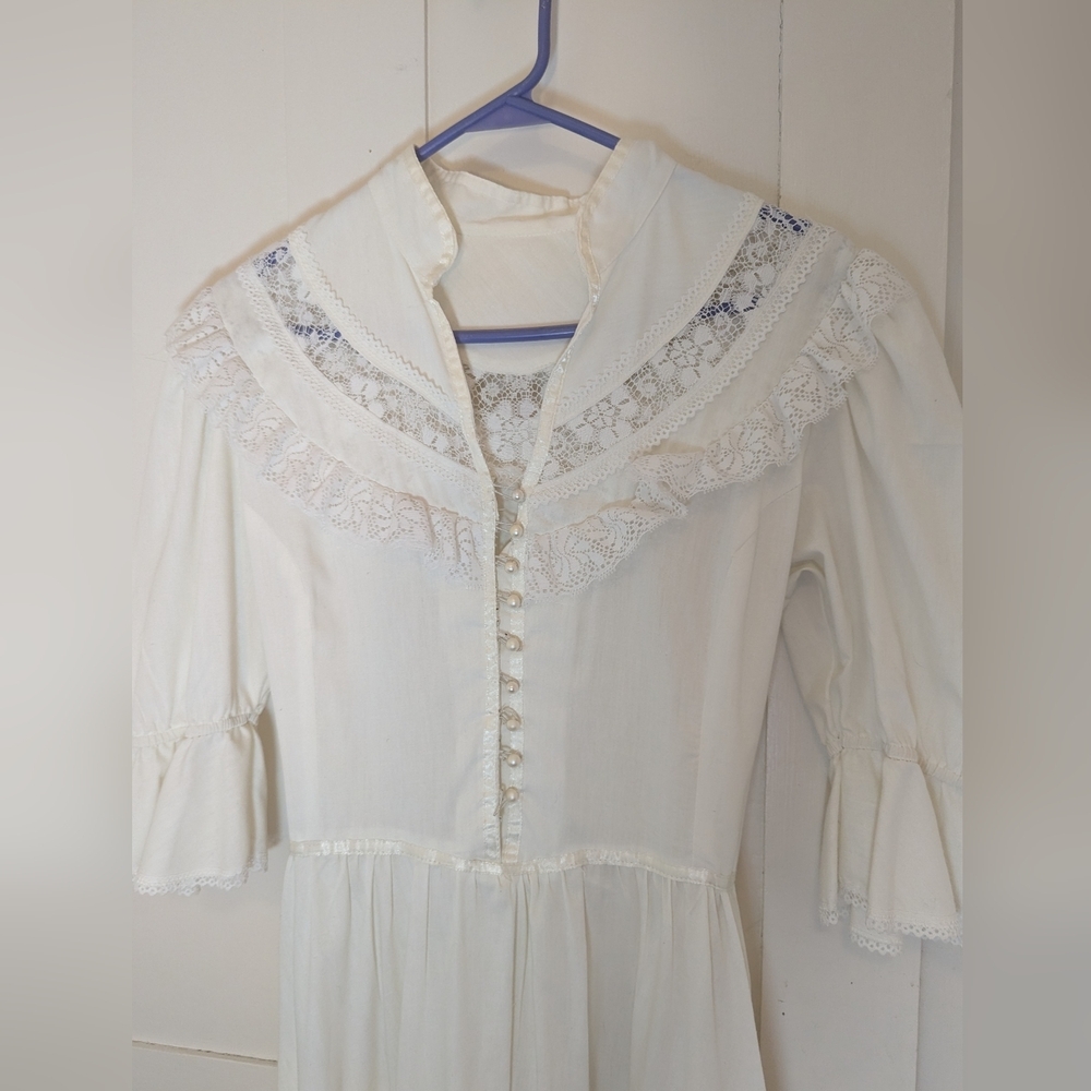 🤍 Vintage S Dress Fairy Prairie Cottage Wedding Cream Lace Puff Sleeves - Picture 8 of 16